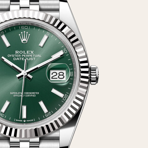 Rolex Datejust 41 in White Rolesor - combination of Oystersteel and white gold with a Mint green dial, Fluted bezel, Jubilee, five-piece links bracelet
