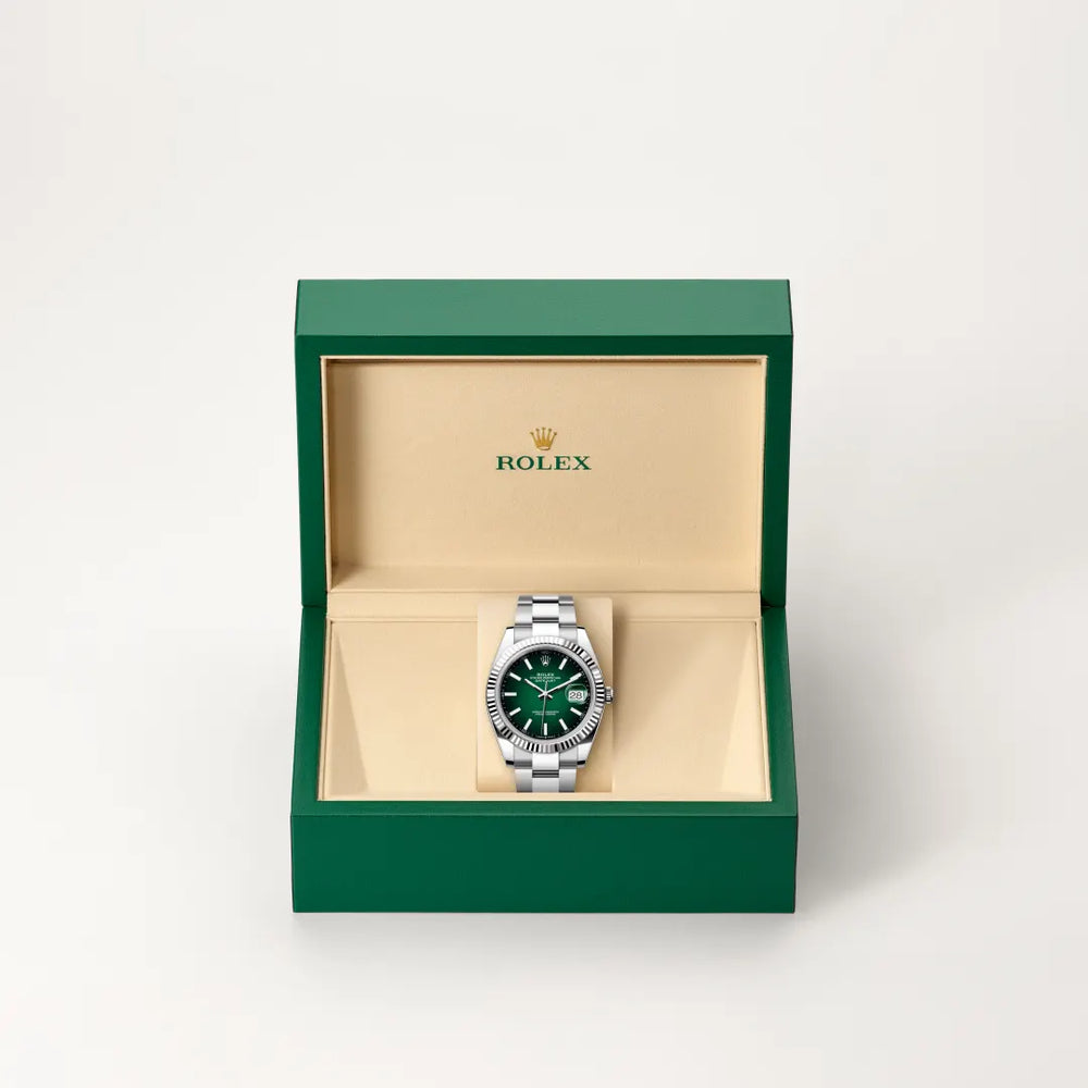 Rolex Datejust 41 in White Rolesor - combination of Oystersteel and white gold with a Green ombré dial, Fluted bezel, Oyster, three-piece solid links bracelet