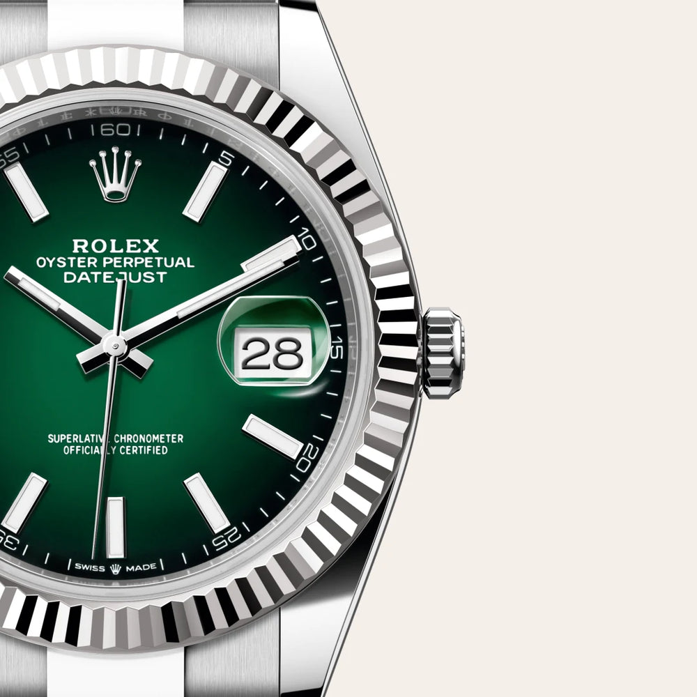 Rolex Datejust 41 in White Rolesor - combination of Oystersteel and white gold with a Green ombré dial, Fluted bezel, Oyster, three-piece solid links bracelet