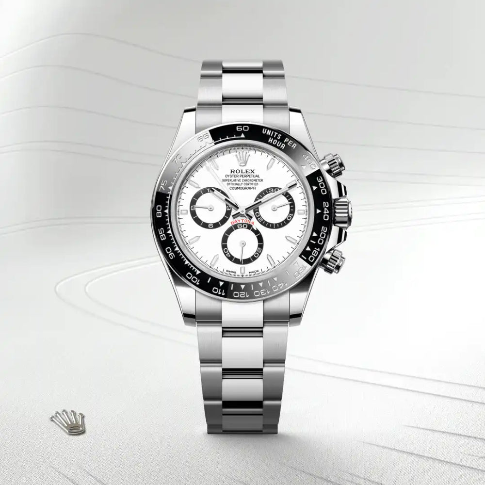 Rolex Cosmograph Daytona in Oystersteel with a White, black counter rings dial, Black monobloc Cerachrom bezel in ceramic with moulded tachymetric scale bezel, Oyster, three-piece solid links bracelet