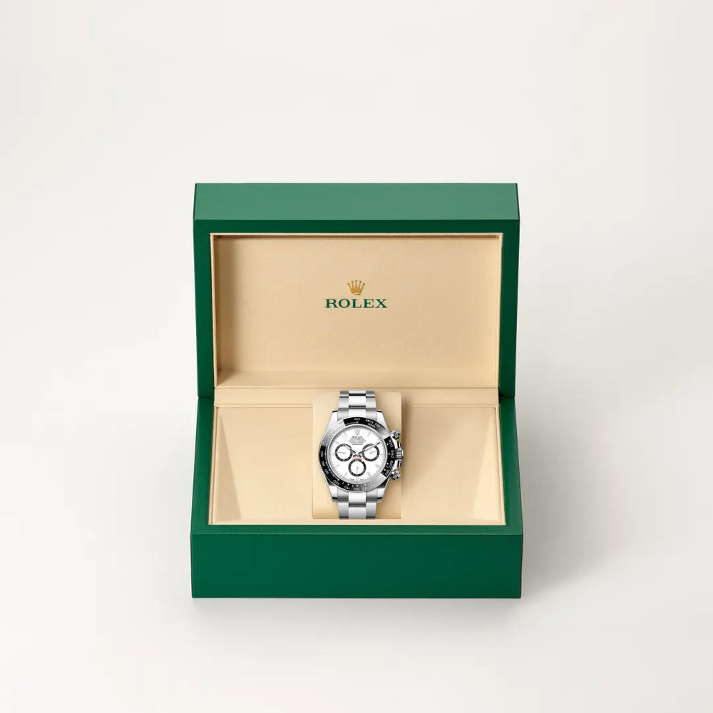 Rolex Cosmograph Daytona in Oystersteel with a White, black counter rings dial, Black monobloc Cerachrom bezel in ceramic with moulded tachymetric scale bezel, Oyster, three-piece solid links bracelet