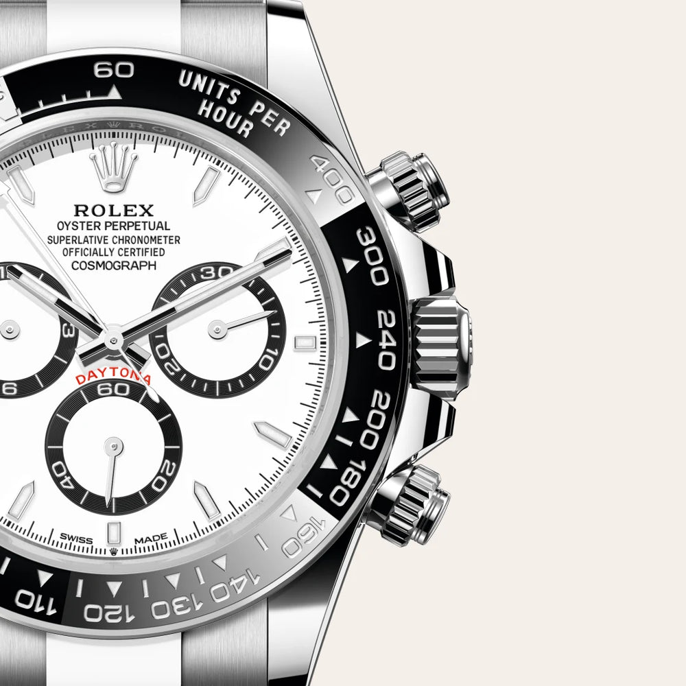 Rolex Cosmograph Daytona in Oystersteel with a White, black counter rings dial, Black monobloc Cerachrom bezel in ceramic with moulded tachymetric scale bezel, Oyster, three-piece solid links bracelet
