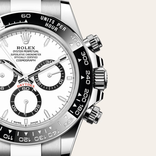 Rolex Cosmograph Daytona in Oystersteel with a White, black counter rings dial, Black monobloc Cerachrom bezel in ceramic with moulded tachymetric scale bezel, Oyster, three-piece solid links bracelet