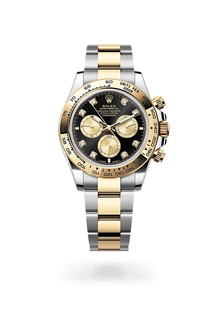Rolex Cosmograph Daytona in Yellow Rolesor - combination of Oystersteel and yellow gold with a Bright black and golden set with diamonds dial, Fixed, with engraved tachymetric scale, in yellow gold bezel, Oyster, three-piece solid links bracelet
