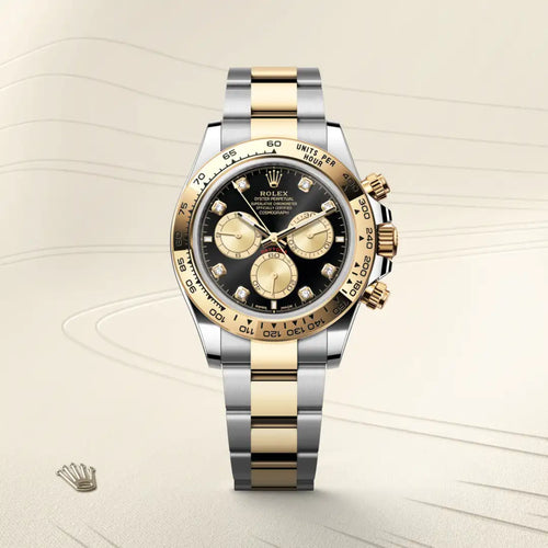 Rolex Cosmograph Daytona in Yellow Rolesor - combination of Oystersteel and yellow gold with a Bright black and golden set with diamonds dial, Fixed, with engraved tachymetric scale, in yellow gold bezel, Oyster, three-piece solid links bracelet