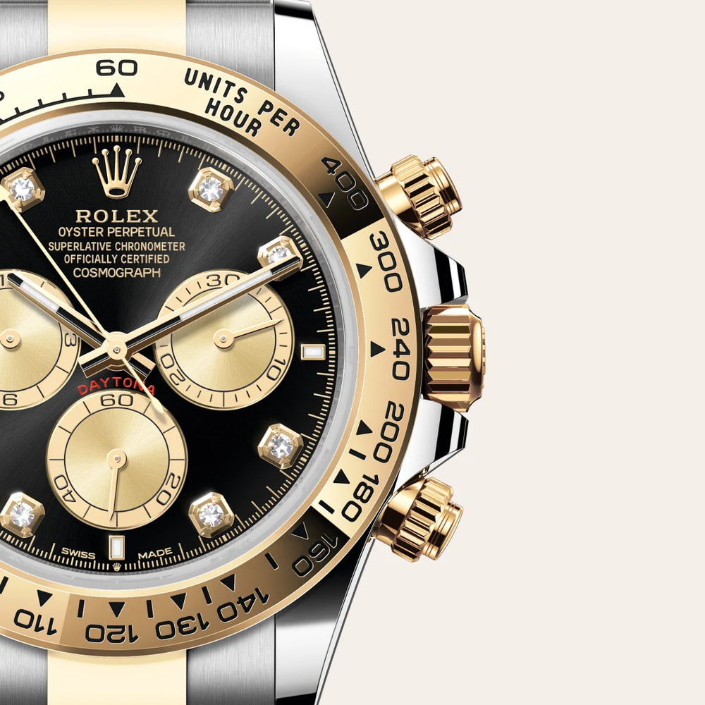 Rolex Cosmograph Daytona in Yellow Rolesor - combination of Oystersteel and yellow gold with a Bright black and golden set with diamonds dial, Fixed, with engraved tachymetric scale, in yellow gold bezel, Oyster, three-piece solid links bracelet