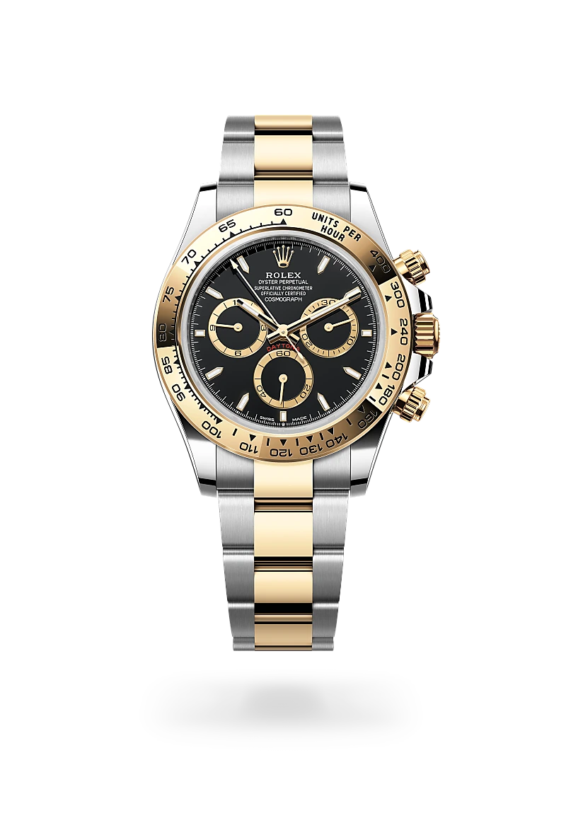 Rolex Cosmograph Daytona in Yellow Rolesor - combination of Oystersteel and yellow gold with a Black, golden counter rings dial, Fixed, with engraved tachymetric scale, in yellow gold bezel, Oyster, three-piece solid links bracelet