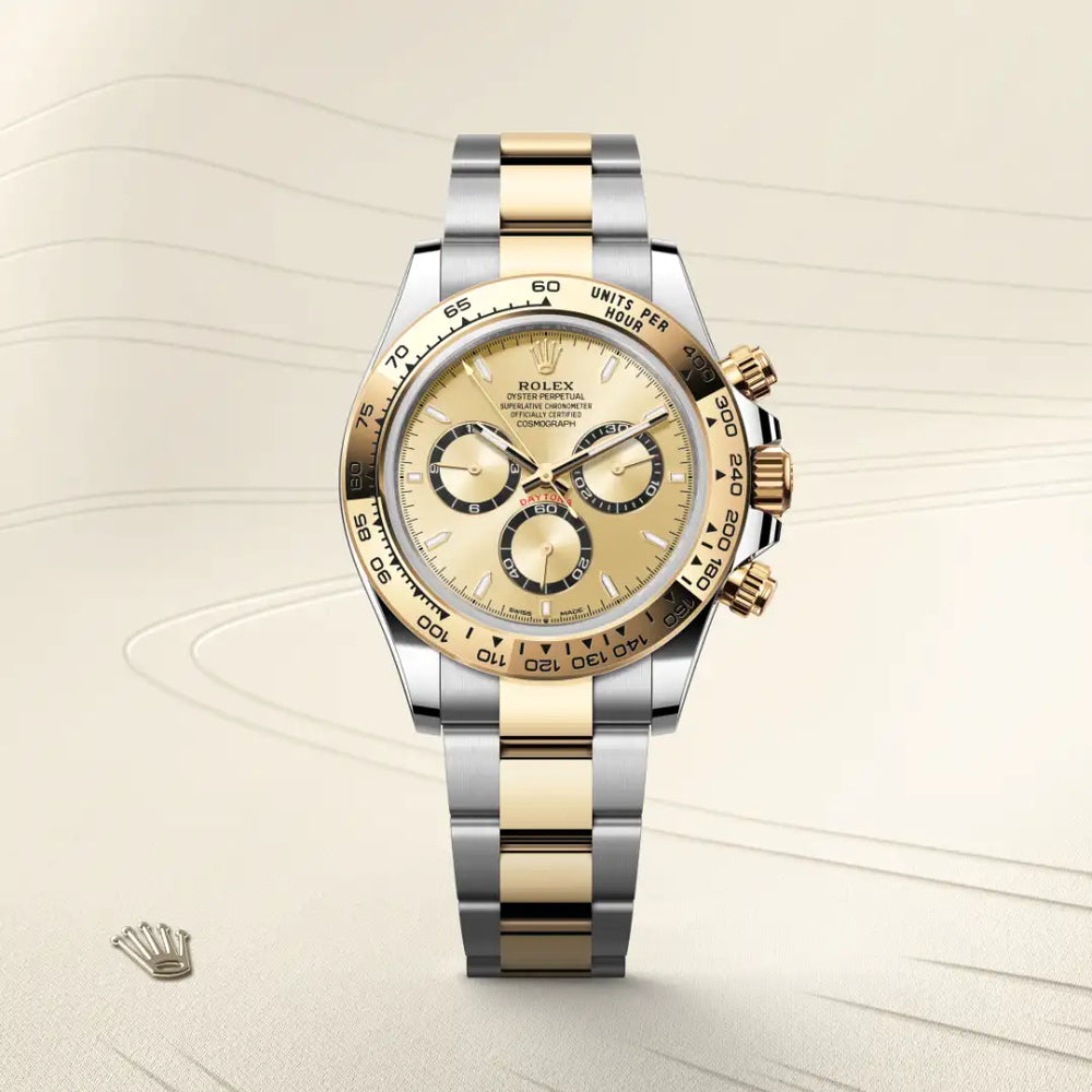 Rolex Cosmograph Daytona in Yellow Rolesor - combination of Oystersteel and yellow gold with a Golden, black counter rings dial, Fixed, with engraved tachymetric scale, in yellow gold bezel, Oyster, three-piece solid links bracelet