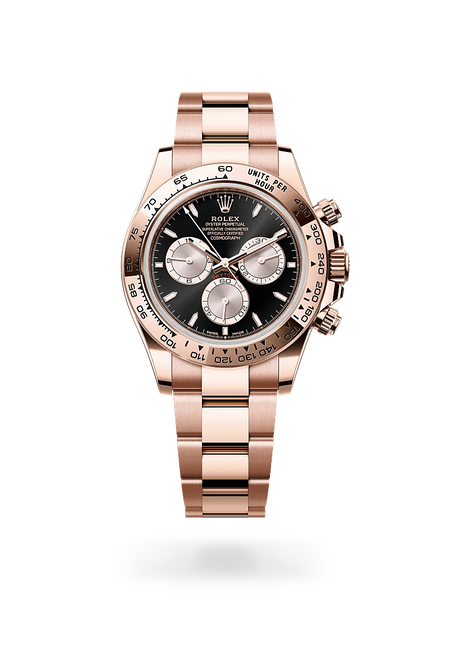 Rolex Cosmograph Daytona in 18 ct Everose gold with a Bright black and Sundust dial, Fixed, with engraved tachymetric scale, in 18 ct Everose gold bezel, Oyster, three-piece solid links bracelet