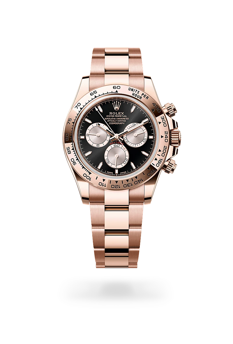 Rolex Cosmograph Daytona in 18 ct Everose gold with a Bright black and Sundust dial, Fixed, with engraved tachymetric scale, in 18 ct Everose gold bezel, Oyster, three-piece solid links bracelet