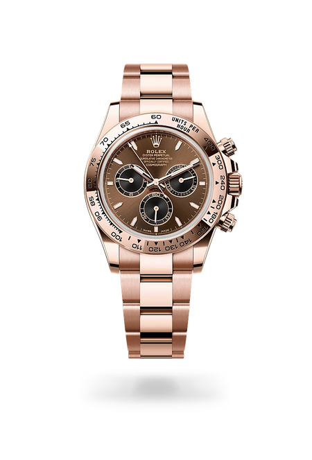 Rolex Cosmograph Daytona in 18 ct Everose gold with a Bright chocolate and black dial, Fixed, with engraved tachymetric scale, in 18 ct Everose gold bezel, Oyster, three-piece solid links bracelet