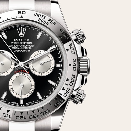 Rolex Cosmograph Daytona in 18 ct white gold with a Bright black and steel dial, Fixed, with engraved tachymetric scale, in 18 ct white gold bezel, Oyster, three-piece solid links bracelet