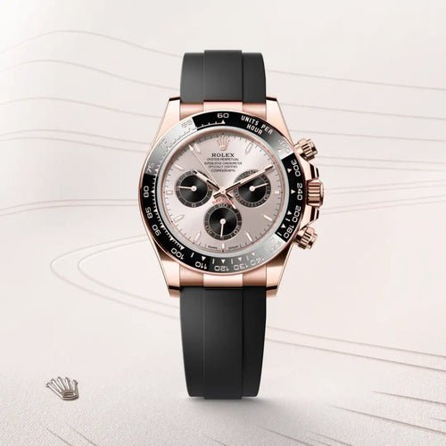 Rolex Cosmograph Daytona in 18 ct Everose gold with a Sundust and bright black dial, Black monobloc Cerachrom bezel in ceramic with moulded tachymetric scale bezel, Oysterflex bracelet