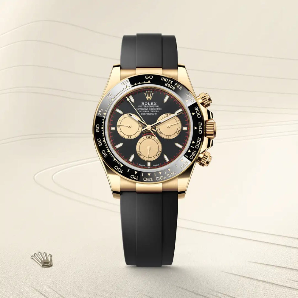 Rolex Cosmograph Daytona in 18 ct yellow gold with a Intense black and champagne-colour dial, Black monobloc Cerachrom bezel in ceramic with moulded tachymetric scale bezel, Oysterflex bracelet