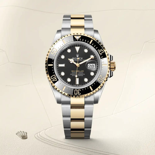 Rolex Sea-Dweller in Yellow Rolesor - combination of Oystersteel and yellow gold with a Intense black dial, Unidirectional rotatable 60-minute graduated, scratch-resistant Cerachrom insert in black ceramic, numerals and graduations coated in gold bezel, Oyster, three-piece solid links bracelet