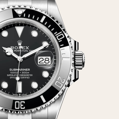 Rolex Submariner Date in Oystersteel with a Black dial, Unidirectional rotatable 60-minute graduated, scratch-resistant Cerachrom insert in black ceramic, numerals and graduations coated in platinum bezel, Oyster, three-piece solid links bracelet