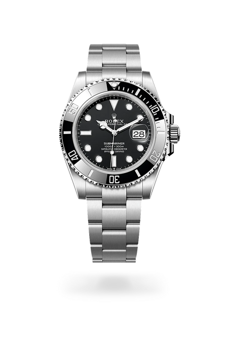 Rolex Submariner Date in Oystersteel with a Black dial, Unidirectional rotatable 60-minute graduated, scratch-resistant Cerachrom insert in black ceramic, numerals and graduations coated in platinum bezel, Oyster, three-piece solid links bracelet