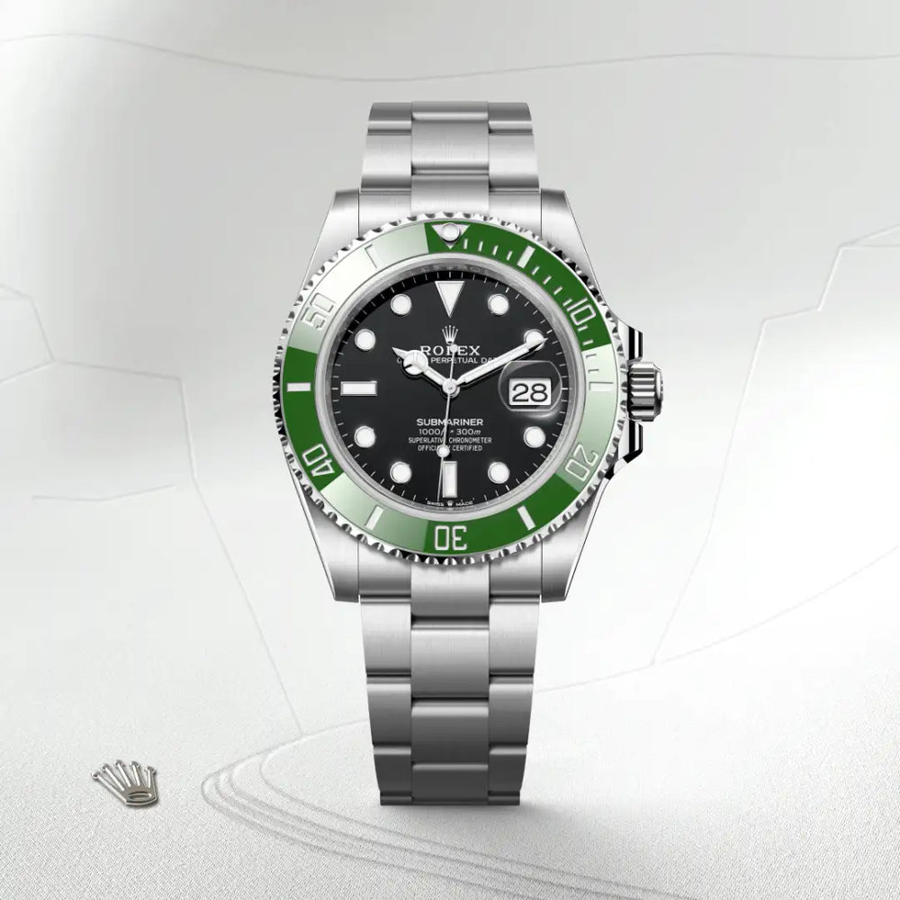 Rolex Submariner Date in Oystersteel with a Black dial, Unidirectional rotatable 60-minute graduated, scratch-resistant Cerachrom insert in green ceramic, numerals and graduations coated in platinum bezel, Oyster, three-piece solid links bracelet