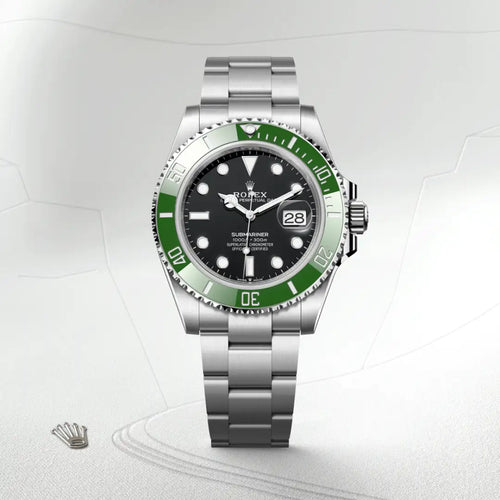 Rolex Submariner Date in Oystersteel with a Black dial, Unidirectional rotatable 60-minute graduated, scratch-resistant Cerachrom insert in green ceramic, numerals and graduations coated in platinum bezel, Oyster, three-piece solid links bracelet