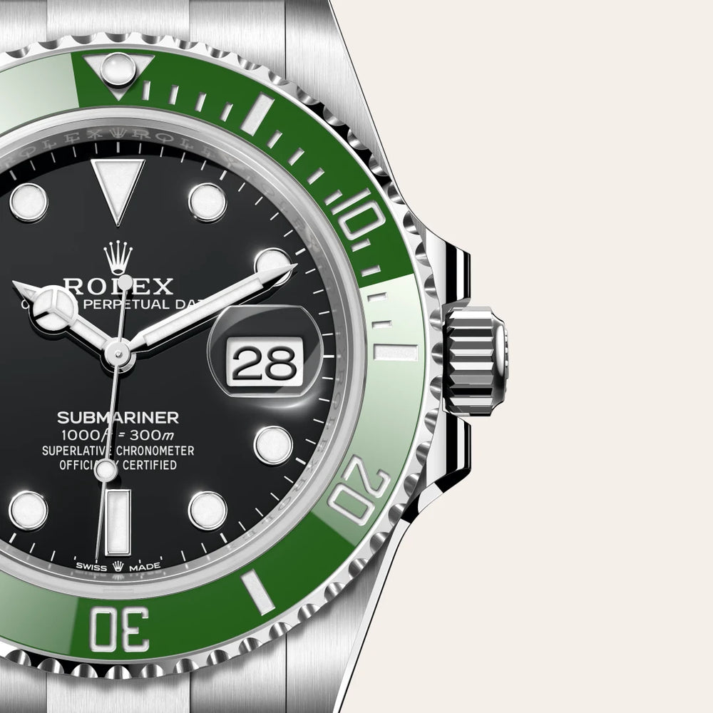 Rolex Submariner Date in Oystersteel with a Black dial, Unidirectional rotatable 60-minute graduated, scratch-resistant Cerachrom insert in green ceramic, numerals and graduations coated in platinum bezel, Oyster, three-piece solid links bracelet