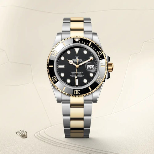 Rolex Submariner Date in Yellow Rolesor - combination of Oystersteel and yellow gold with a Black dial, Unidirectional rotatable 60-minute graduated, scratch-resistant Cerachrom insert in black ceramic, numerals and graduations coated in gold bezel, Oyster, three-piece solid links bracelet