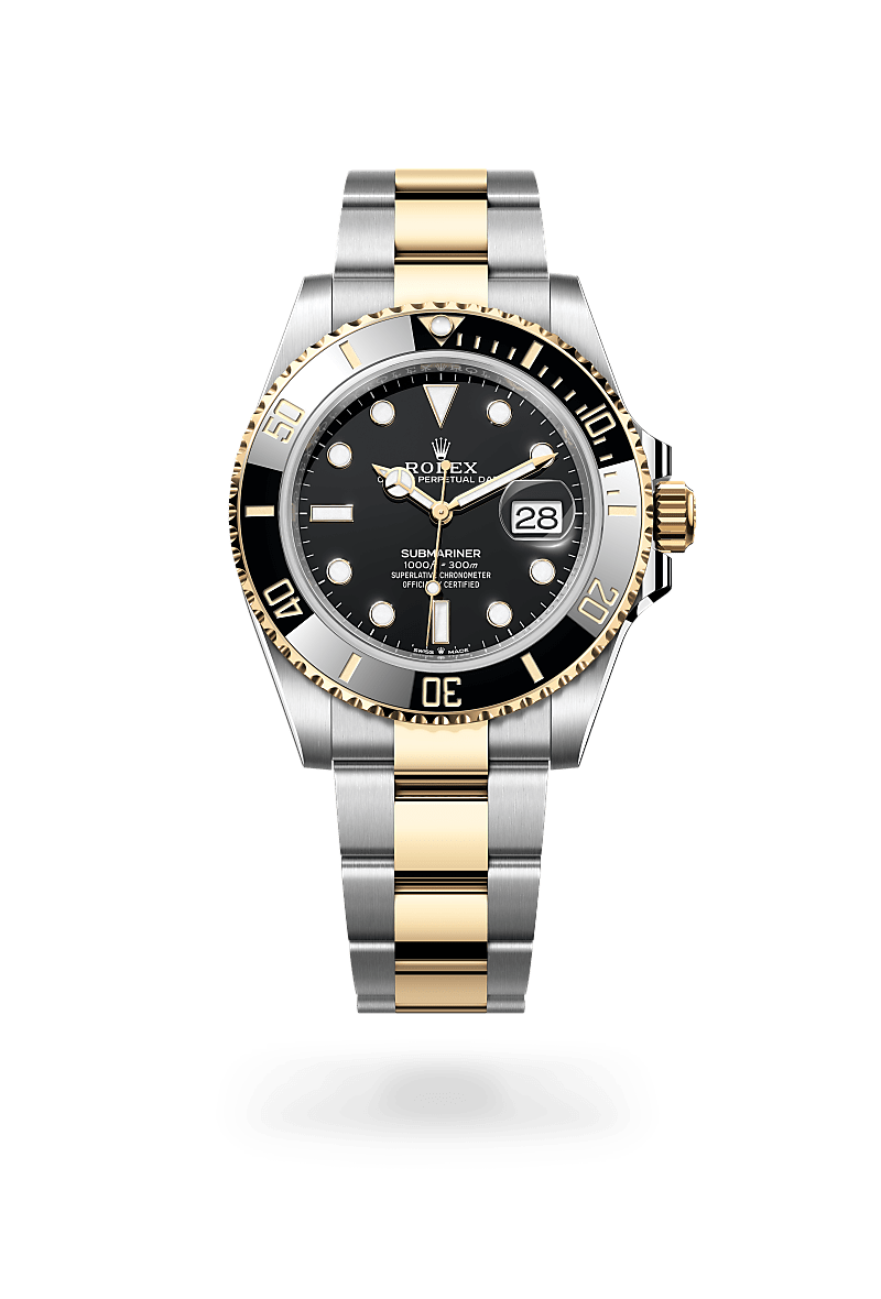 Rolex Submariner Date in Yellow Rolesor - combination of Oystersteel and yellow gold with a Black dial, Unidirectional rotatable 60-minute graduated, scratch-resistant Cerachrom insert in black ceramic, numerals and graduations coated in gold bezel, Oyster, three-piece solid links bracelet