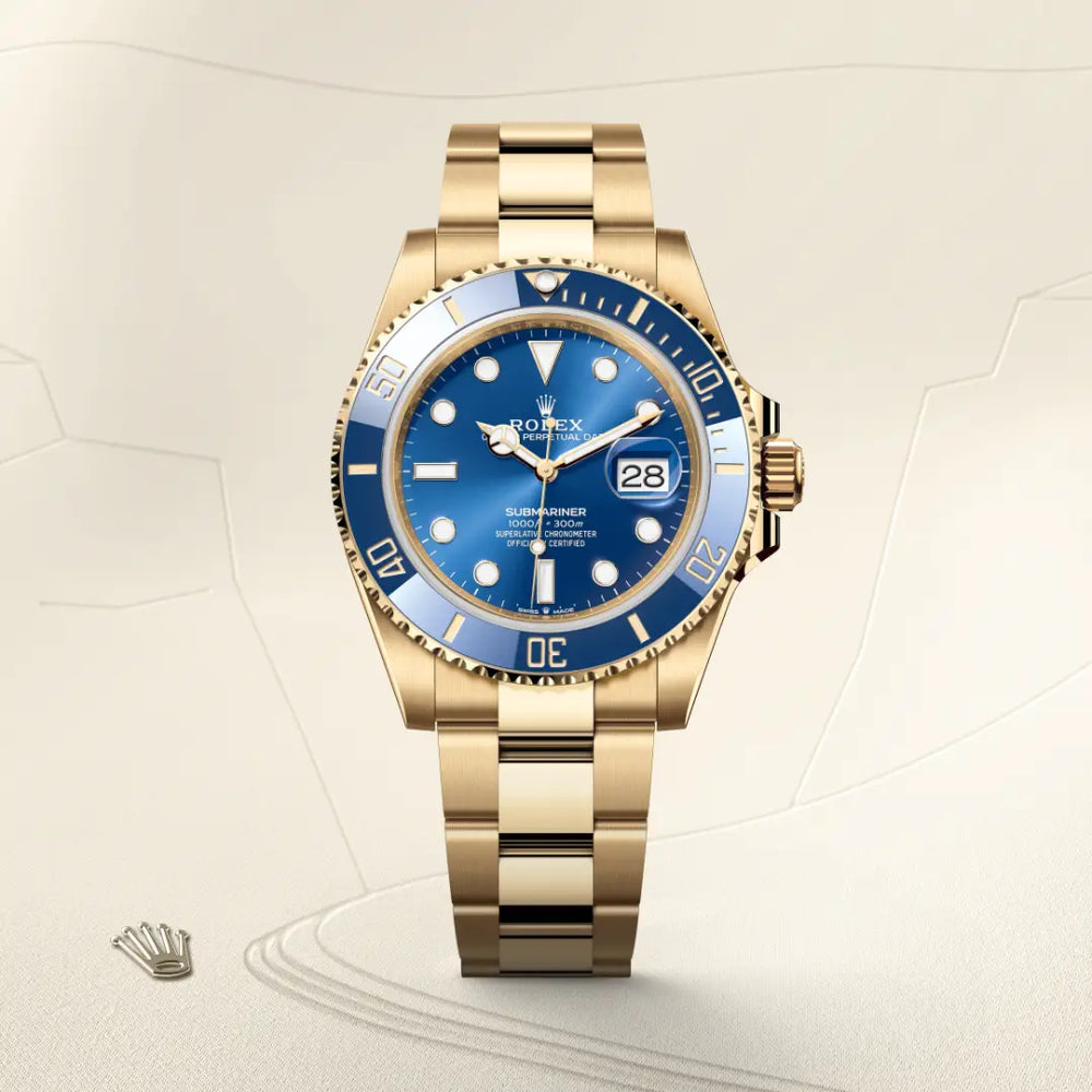 Rolex Submariner Date in 18 ct yellow gold with a Royal blue dial, Unidirectional rotatable 60-minute graduated, scratch-resistant Cerachrom insert in blue ceramic, numerals and graduations coated in gold bezel, Oyster, three-piece solid links bracelet
