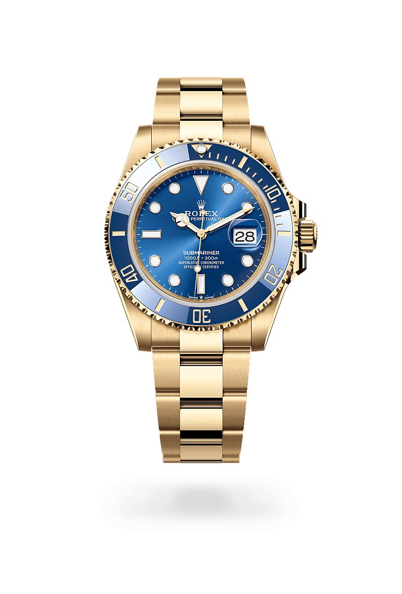 Rolex Submariner Date in 18 ct yellow gold with a Royal blue dial, Unidirectional rotatable 60-minute graduated, scratch-resistant Cerachrom insert in blue ceramic, numerals and graduations coated in gold bezel, Oyster, three-piece solid links bracelet