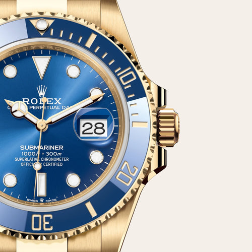 Rolex Submariner Date in 18 ct yellow gold with a Royal blue dial, Unidirectional rotatable 60-minute graduated, scratch-resistant Cerachrom insert in blue ceramic, numerals and graduations coated in gold bezel, Oyster, three-piece solid links bracelet