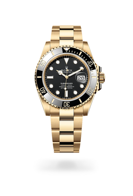 Rolex Submariner Date in 18 ct yellow gold with a Black dial, Unidirectional rotatable 60-minute graduated, scratch-resistant Cerachrom insert in black ceramic, numerals and graduations coated in gold bezel, Oyster, three-piece solid links bracelet