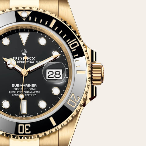 Rolex Submariner Date in 18 ct yellow gold with a Black dial, Unidirectional rotatable 60-minute graduated, scratch-resistant Cerachrom insert in black ceramic, numerals and graduations coated in gold bezel, Oyster, three-piece solid links bracelet