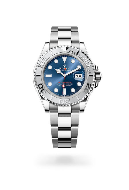 Rolex Yacht-Master 40 in Rolesium - combination of Oystersteel and platinum with a Bright blue dial, Platinum bidirectional rotatable 60-minute graduated with raised numerals bezel, Oyster, three-piece solid links bracelet