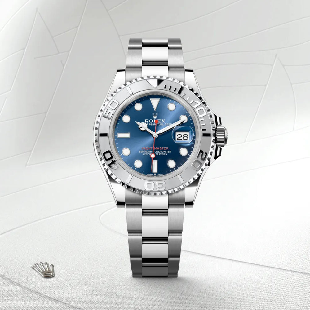 Rolex Yacht-Master 40 in Rolesium - combination of Oystersteel and platinum with a Bright blue dial, Platinum bidirectional rotatable 60-minute graduated with raised numerals bezel, Oyster, three-piece solid links bracelet