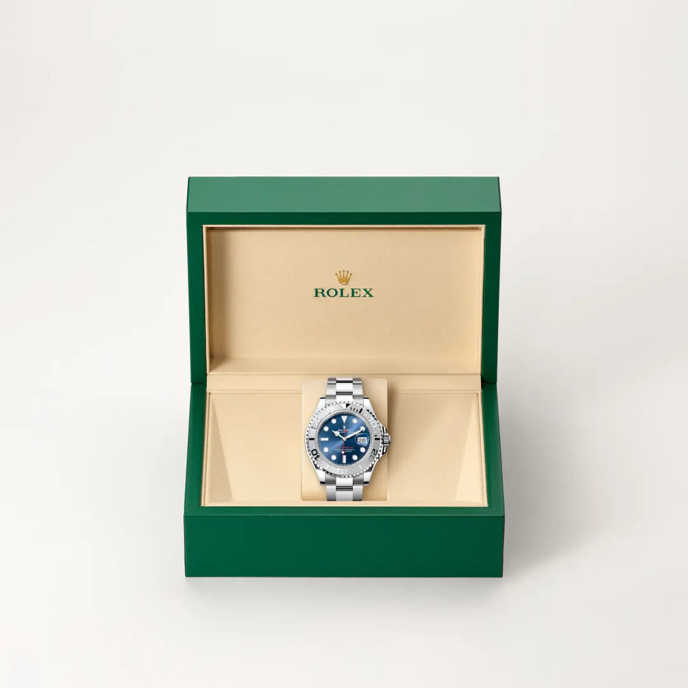 Rolex Yacht-Master 40 in Rolesium - combination of Oystersteel and platinum with a Bright blue dial, Platinum bidirectional rotatable 60-minute graduated with raised numerals bezel, Oyster, three-piece solid links bracelet