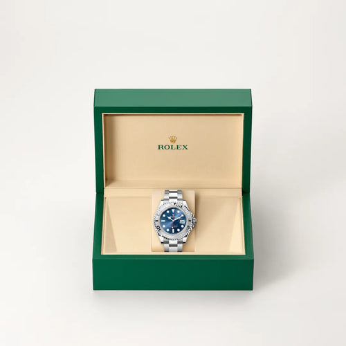 Rolex Yacht-Master 40 in Rolesium - combination of Oystersteel and platinum with a Bright blue dial, Platinum bidirectional rotatable 60-minute graduated with raised numerals bezel, Oyster, three-piece solid links bracelet