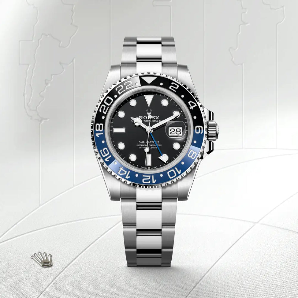 Rolex GMT-Master II in Oystersteel with a Black dial, Bidirectional rotatable 24-hour graduated bezel. Two-colour blue and black Cerachrom insert in ceramic, moulded numerals and graduations bezel, Oyster, three-piece solid links bracelet