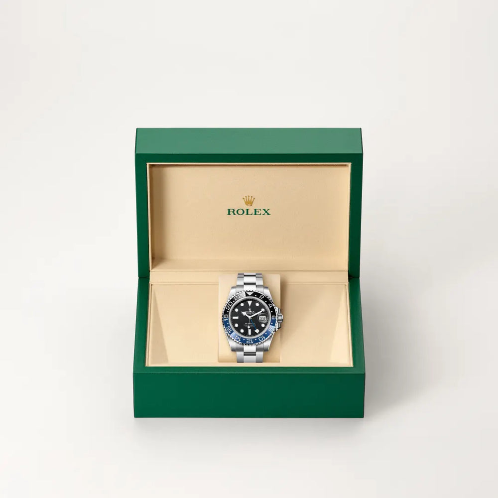 Rolex GMT-Master II in Oystersteel with a Black dial, Bidirectional rotatable 24-hour graduated bezel. Two-colour blue and black Cerachrom insert in ceramic, moulded numerals and graduations bezel, Oyster, three-piece solid links bracelet