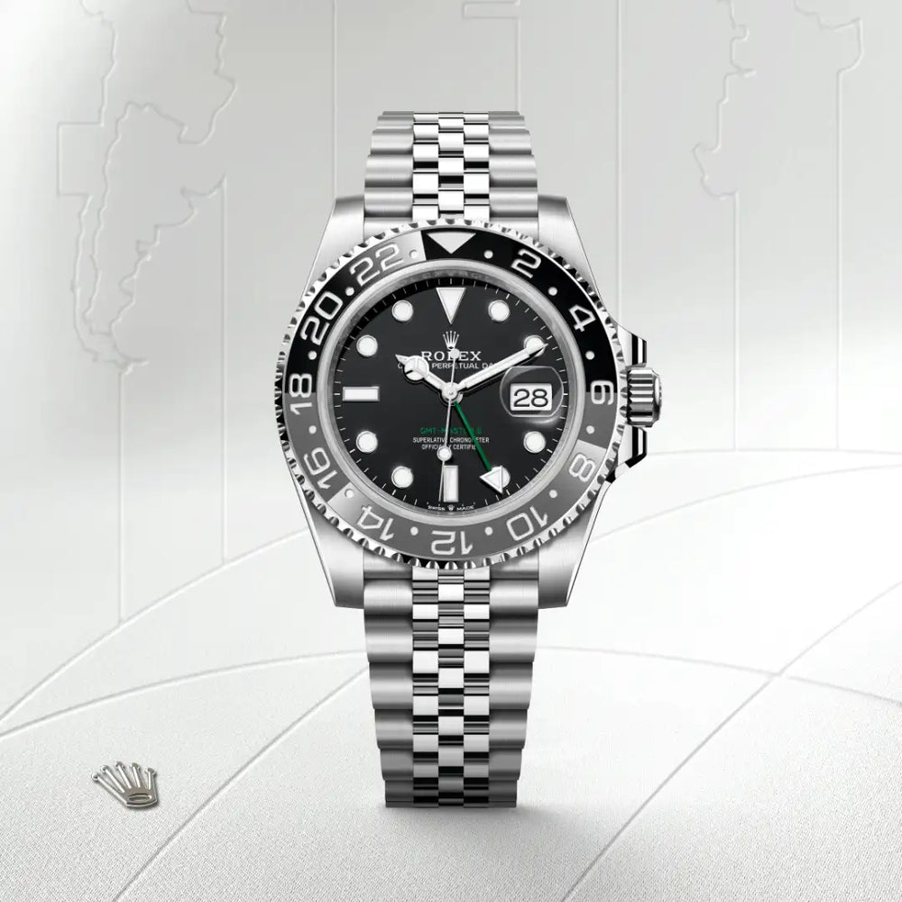 Rolex GMT-Master II in Oystersteel with a Black dial, Bidirectional rotatable 24-hour graduated bezel. Two-colour grey and black Cerachrom insert in ceramic, moulded numerals and graduations bezel, Jubilee, five-piece links bracelet