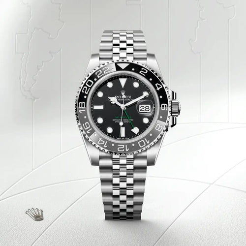 Rolex GMT-Master II in Oystersteel with a Black dial, Bidirectional rotatable 24-hour graduated bezel. Two-colour grey and black Cerachrom insert in ceramic, moulded numerals and graduations bezel, Jubilee, five-piece links bracelet