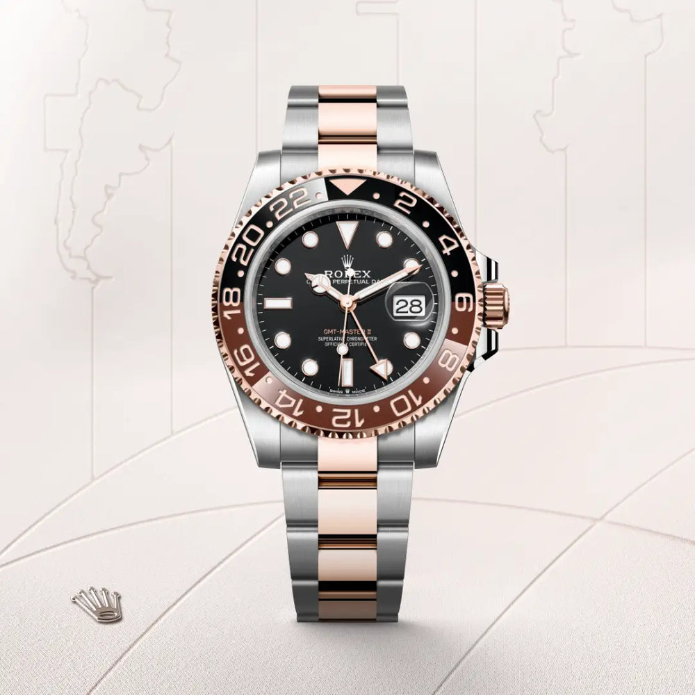 Rolex GMT-Master II in Everose Rolesor - combination of Oystersteel and Everose gold with a Black dial, Bidirectional rotatable 24-hour graduated bezel. Two-colour brown and black Cerachrom insert in ceramic, moulded numerals and graduations bezel, Oyster, three-piece solid links bracelet