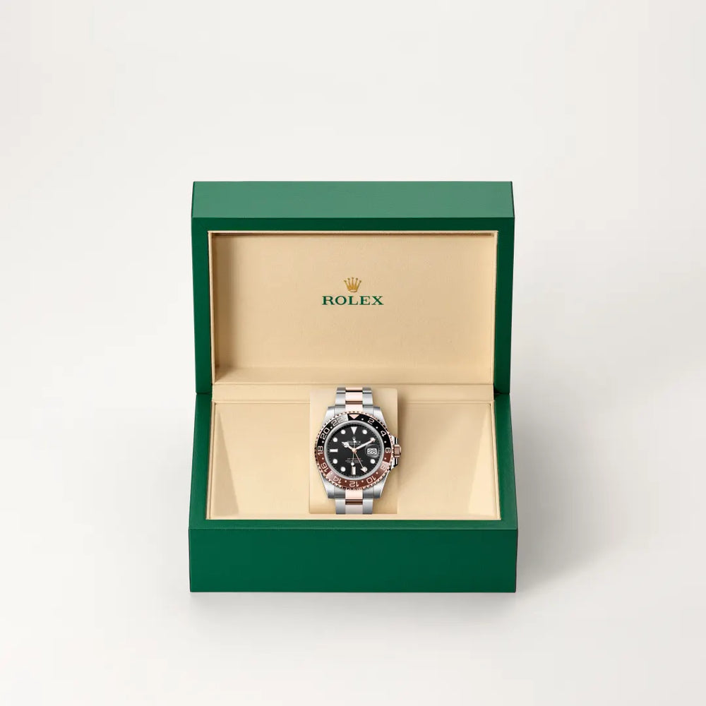 Rolex GMT-Master II in Everose Rolesor - combination of Oystersteel and Everose gold with a Black dial, Bidirectional rotatable 24-hour graduated bezel. Two-colour brown and black Cerachrom insert in ceramic, moulded numerals and graduations bezel, Oyster, three-piece solid links bracelet
