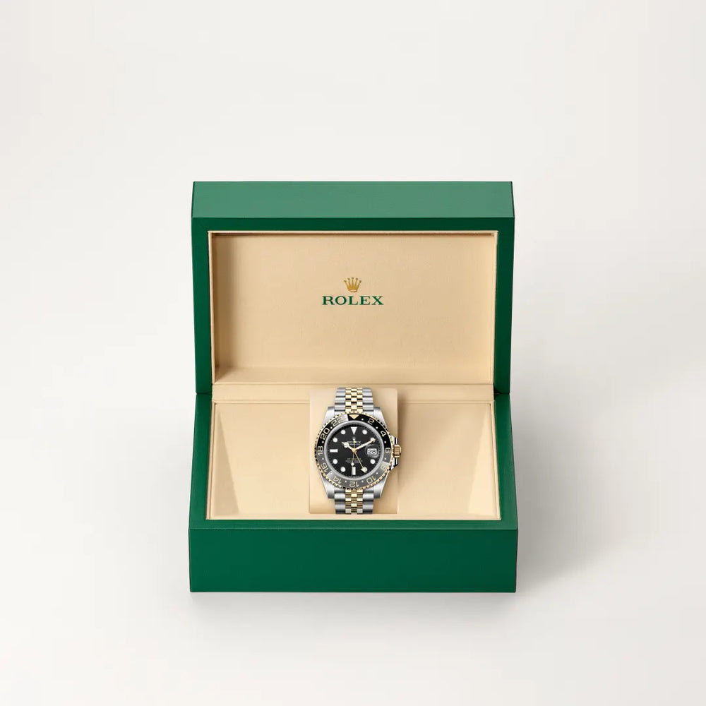 Rolex GMT-Master II in Yellow Rolesor - combination of Oystersteel and yellow gold with a Black dial, Bidirectional rotatable 24-hour graduated bezel. Two-colour grey and black Cerachrom insert in ceramic, moulded numerals and graduations bezel, Jubilee, five-piece links bracelet