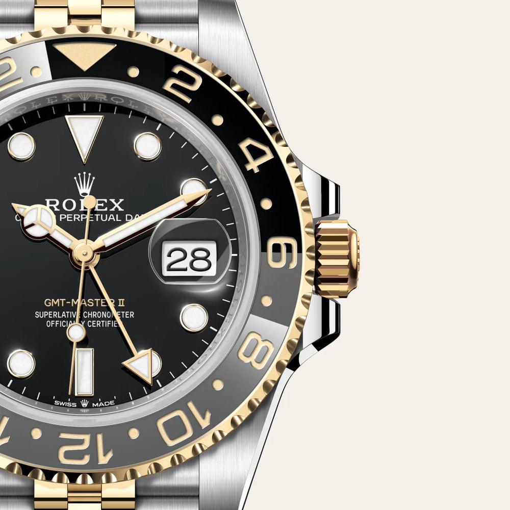 Rolex GMT-Master II in Yellow Rolesor - combination of Oystersteel and yellow gold with a Black dial, Bidirectional rotatable 24-hour graduated bezel. Two-colour grey and black Cerachrom insert in ceramic, moulded numerals and graduations bezel, Jubilee, five-piece links bracelet