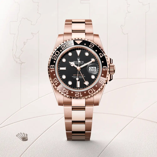 Rolex GMT-Master II in 18 ct Everose gold with a Black dial, Bidirectional rotatable 24-hour graduated bezel. Two-colour brown and black Cerachrom insert in ceramic, moulded numerals and graduations bezel, Oyster, three-piece solid links bracelet