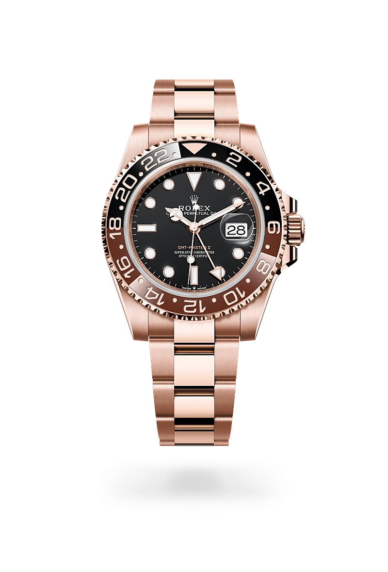 Rolex GMT-Master II in 18 ct Everose gold with a Black dial, Bidirectional rotatable 24-hour graduated bezel. Two-colour brown and black Cerachrom insert in ceramic, moulded numerals and graduations bezel, Oyster, three-piece solid links bracelet