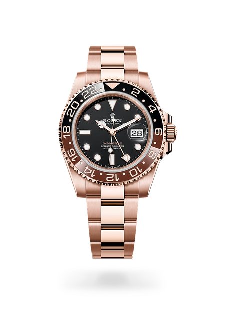 Rolex GMT-Master II in 18 ct Everose gold with a Black dial, Bidirectional rotatable 24-hour graduated bezel. Two-colour brown and black Cerachrom insert in ceramic, moulded numerals and graduations bezel, Oyster, three-piece solid links bracelet