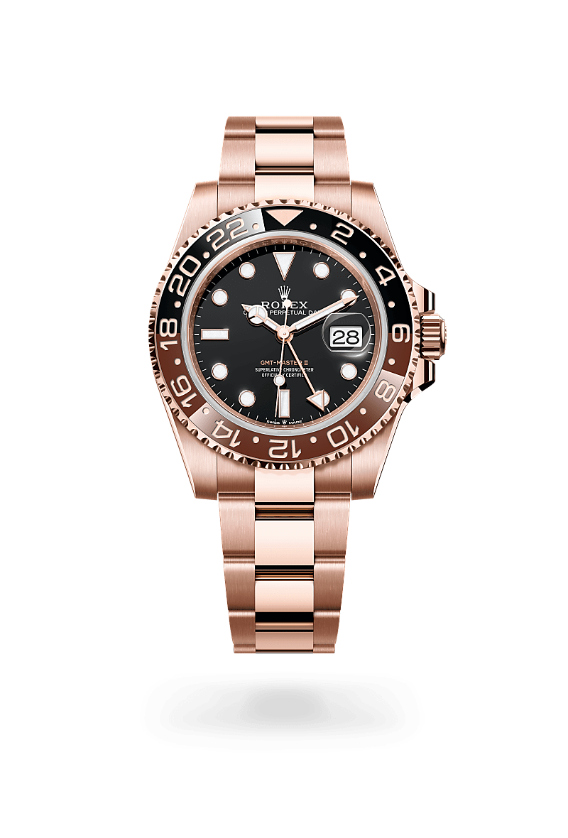 Rolex GMT-Master II in 18 ct Everose gold with a Black dial, Bidirectional rotatable 24-hour graduated bezel. Two-colour brown and black Cerachrom insert in ceramic, moulded numerals and graduations bezel, Oyster, three-piece solid links bracelet