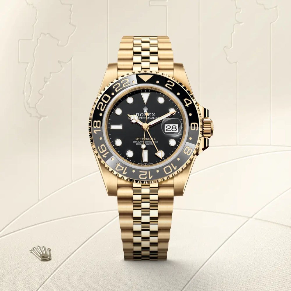 Rolex GMT-Master II in 18 ct yellow gold with a Black dial, Bidirectional rotatable 24-hour graduated bezel. Two-colour grey and black Cerachrom insert in ceramic, moulded numerals and graduations bezel, Jubilee, five-piece links bracelet