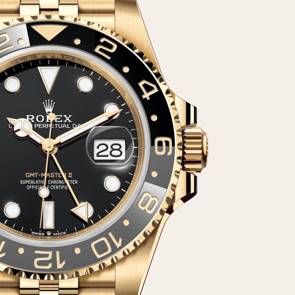Rolex GMT-Master II in 18 ct yellow gold with a Black dial, Bidirectional rotatable 24-hour graduated bezel. Two-colour grey and black Cerachrom insert in ceramic, moulded numerals and graduations bezel, Jubilee, five-piece links bracelet
