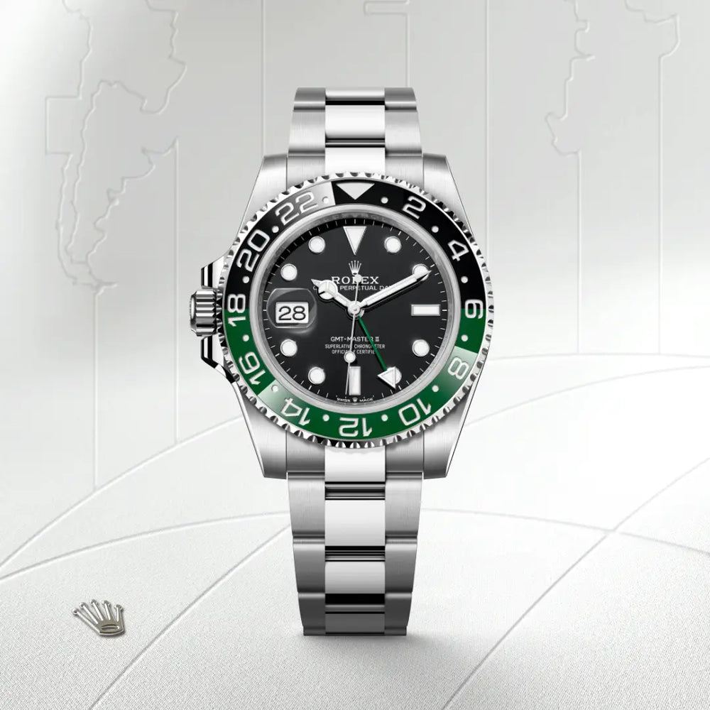 Rolex GMT-Master II in Oystersteel with a Black dial, Bidirectional rotatable 24-hour graduated bezel. Two-colour green and black Cerachrom insert in ceramic, moulded numerals and graduations bezel, Oyster, three-piece solid links bracelet